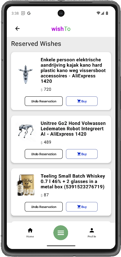 WishTo app screen: reserved gifts